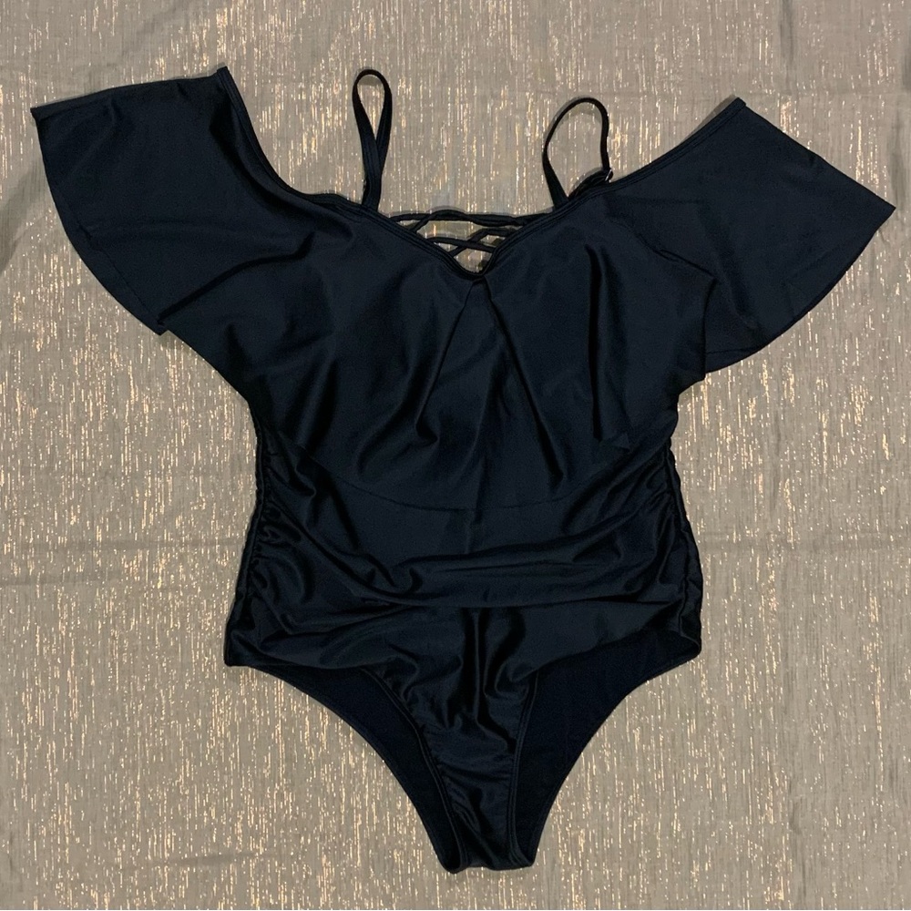 Shein womens off the shoulder one piece black swim suit size 1XL